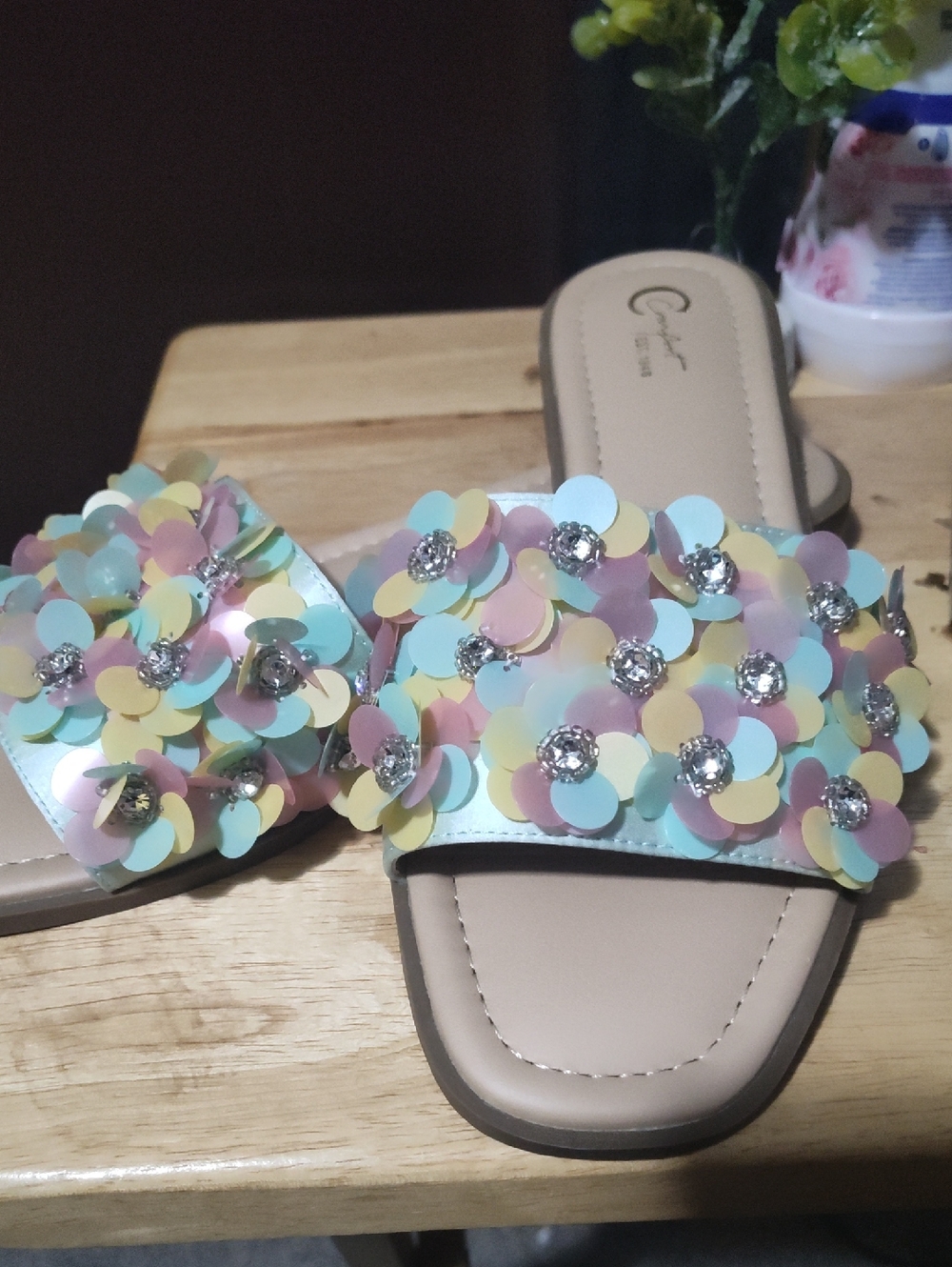 Pastel Floral Sequin Slide Sandals